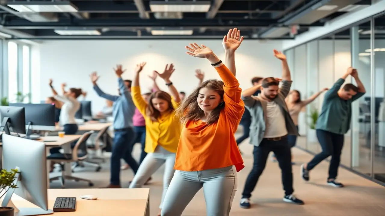 Oficinistas estirándose con energía positiva