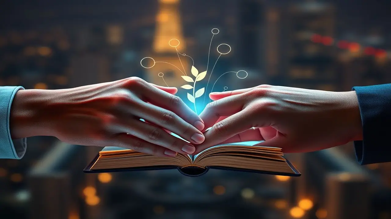Manos intergeneracionales comparten un libro iluminado