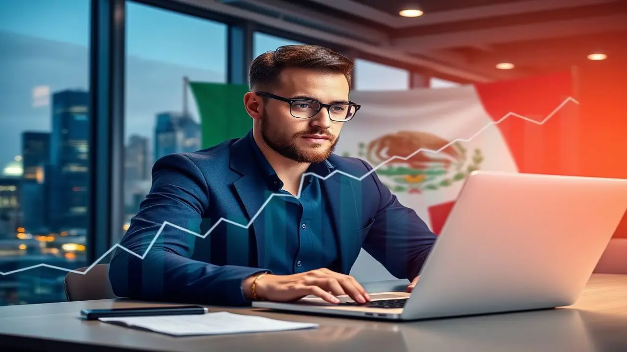 Profesional digital mexicano analiza datos vibrantes