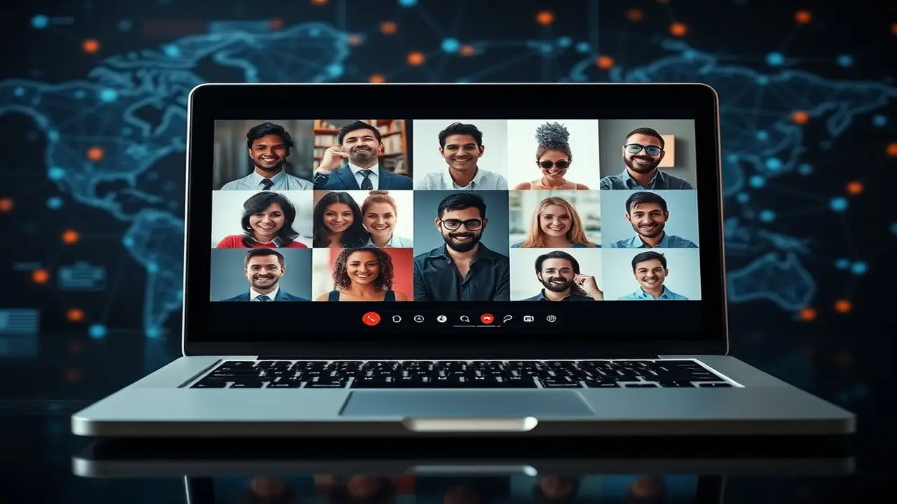 Video llamada global, tech, vibrante, profesional