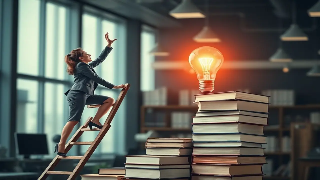 Mujer profesional escala libros hacia la luz