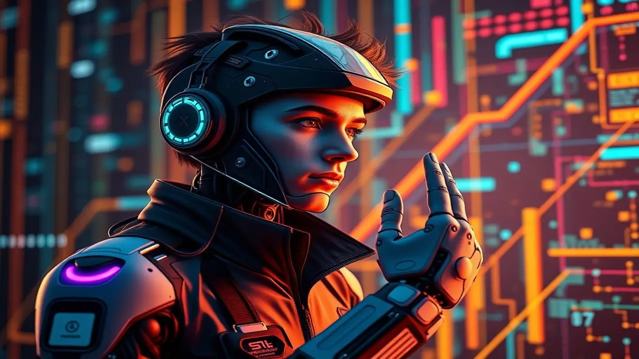 Joven cyberpunk, IA, trabajo y tecnología vibrantes