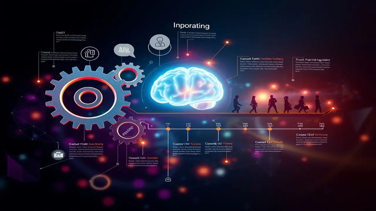 Infografía 3D: cerebro, estudiantes, futuro dinámico