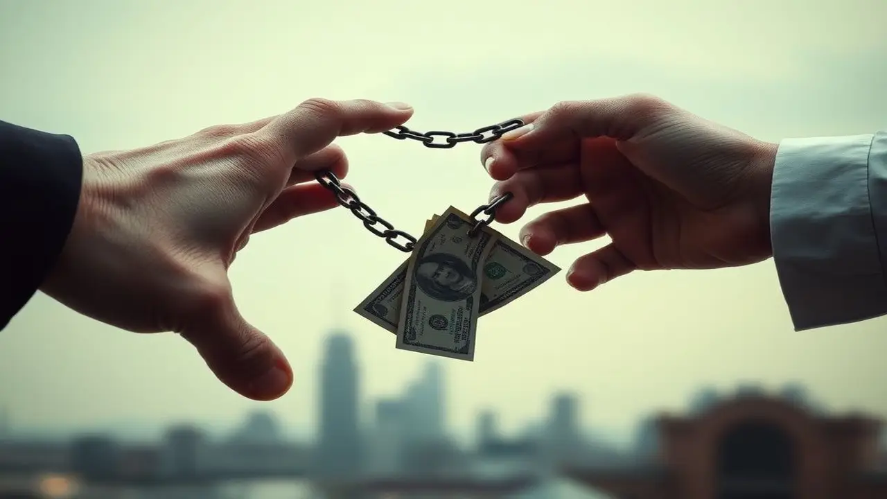 Manos separan cadena rota, dinero cae, ciudad