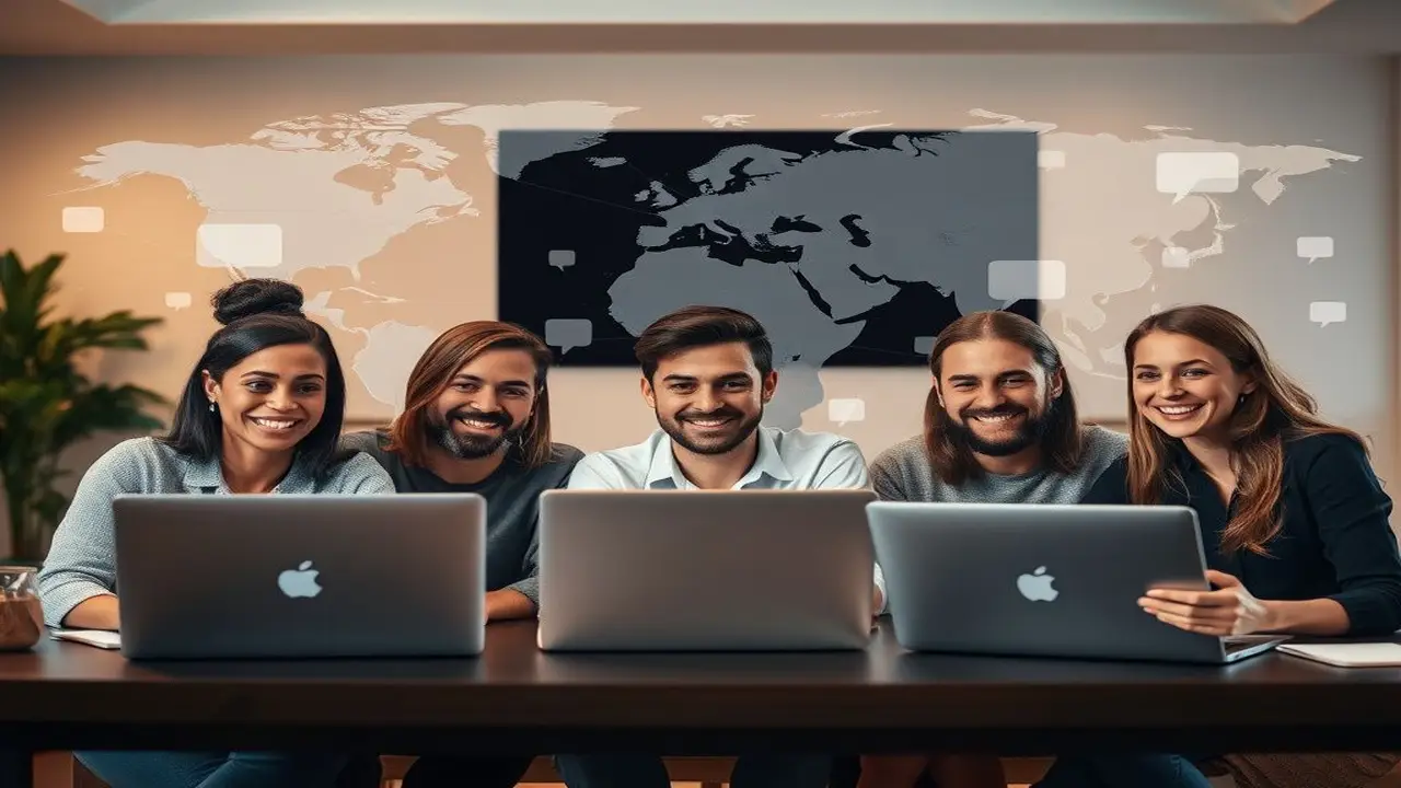 Equipos globales sonríen, conectados en red